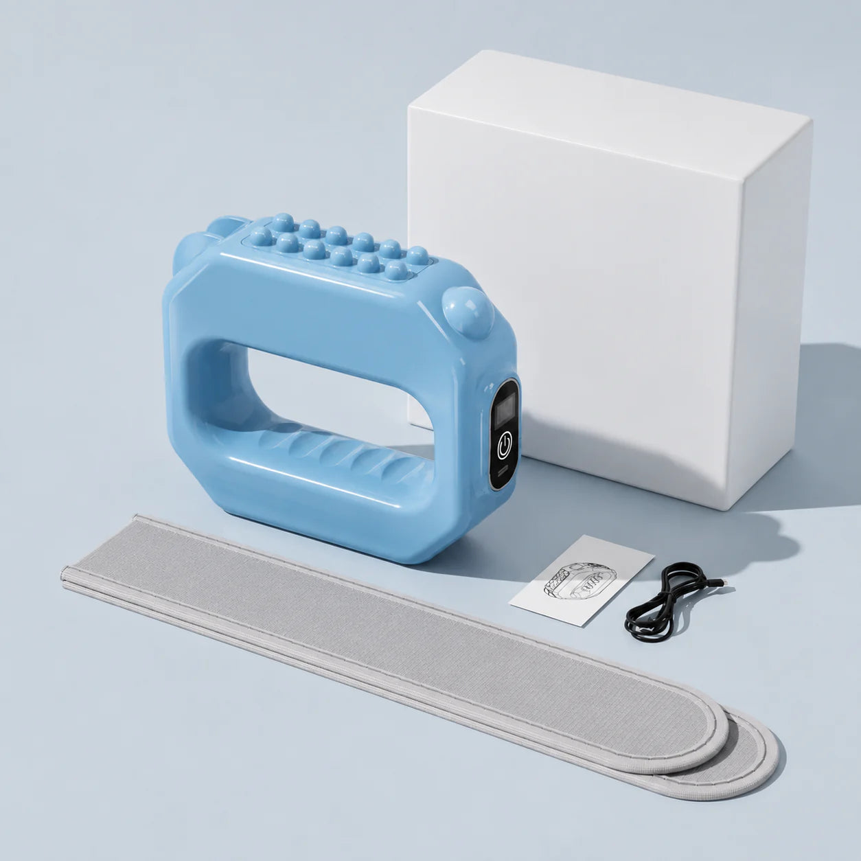 Blue Xuhaha fascia massager kit with adjustable strap charging cable and product box
