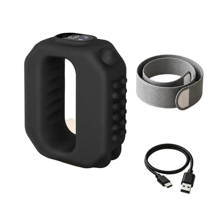 Black Xuhaha fascia massager with adjustable gray strap and USB charging cable
