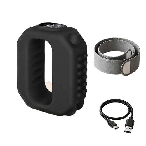 Black Xuhaha fascia massager with adjustable gray strap and USB charging cable
