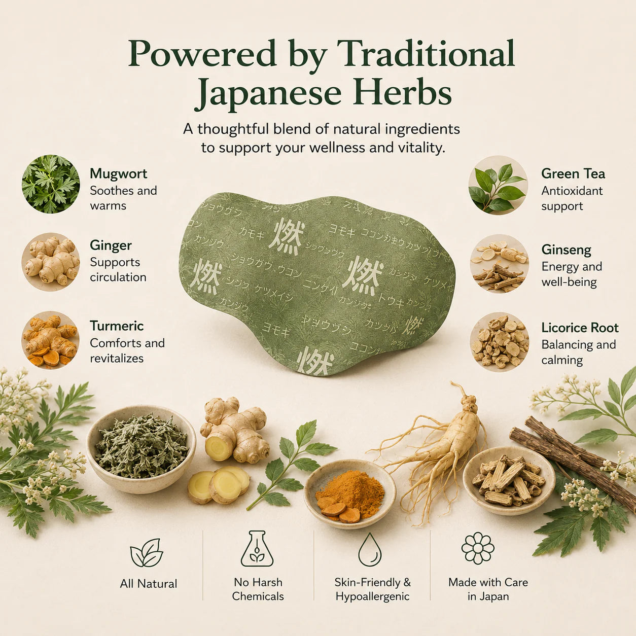 Xuhaha Balance Patch ingredients infographic featuring mugwort ginger turmeric green tea and ginseng