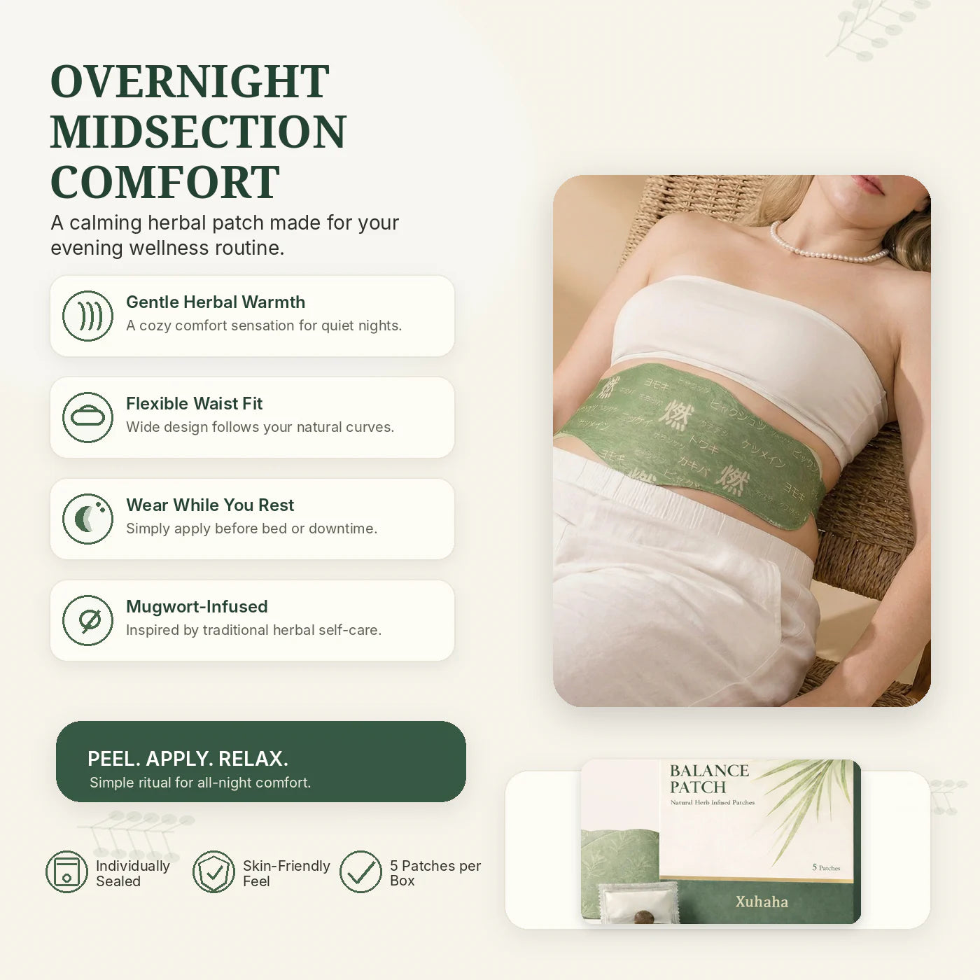 Woman wearing a Xuhaha Balance Patch overnight with comfort and flexible-fit feature callouts
