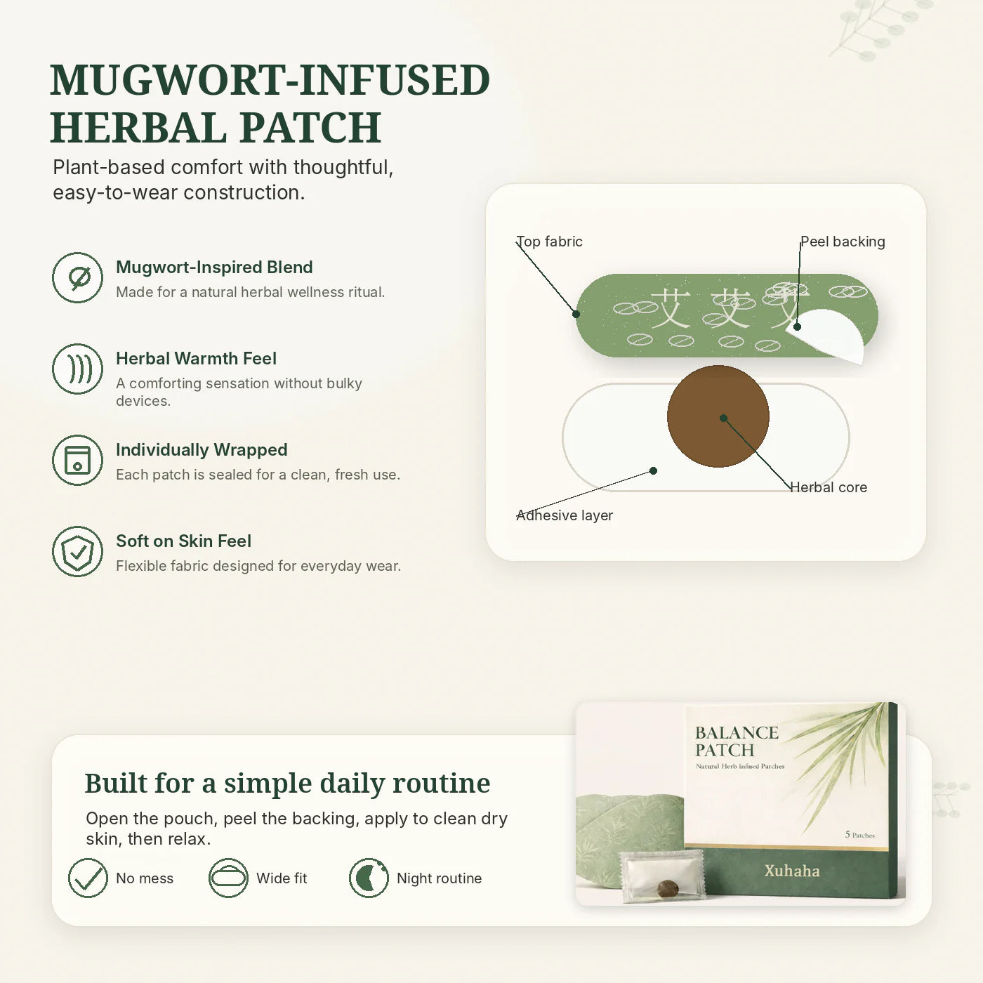Xuhaha mugwort herbal Balance Patch construction infographic showing fabric adhesive and herbal core layers
