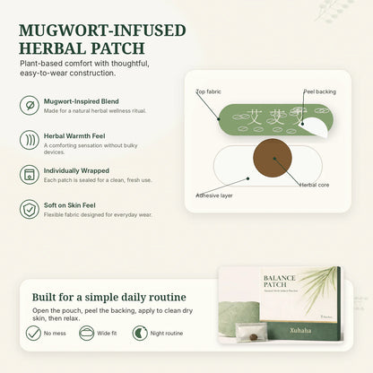 Xuhaha mugwort herbal Balance Patch construction infographic showing fabric adhesive and herbal core layers