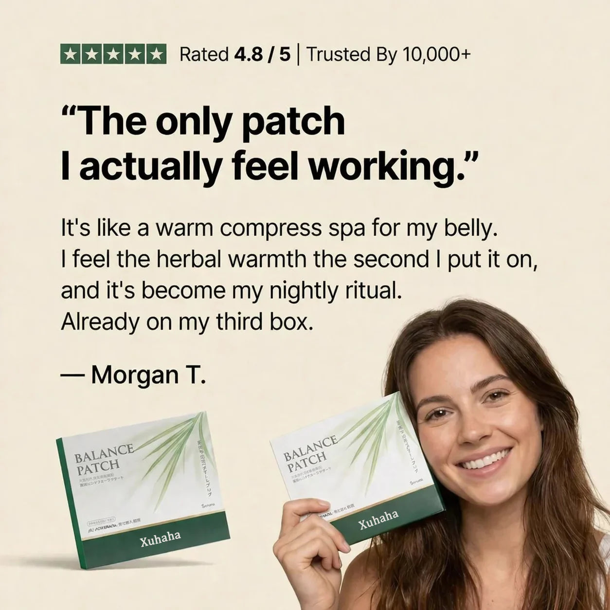 Customer holding a Xuhaha Balance Patch box beside a product review testimonial