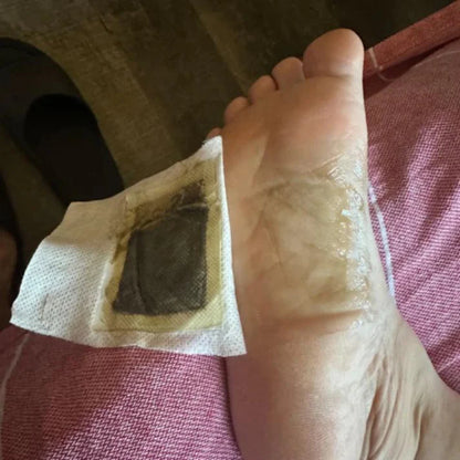 Xuhaha cleansing foot pad removed from one foot with the other foot shown uncovered