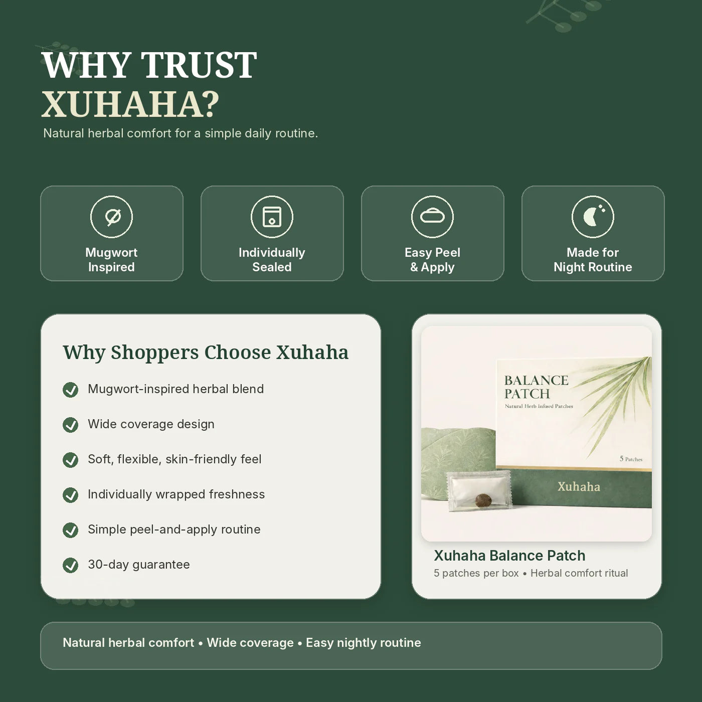 Xuhaha Balance Patch trust and product feature infographic with package and patch details