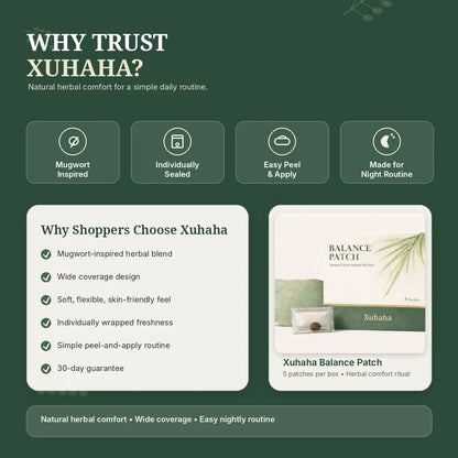 Xuhaha Balance Patch trust and product feature infographic with package and patch details