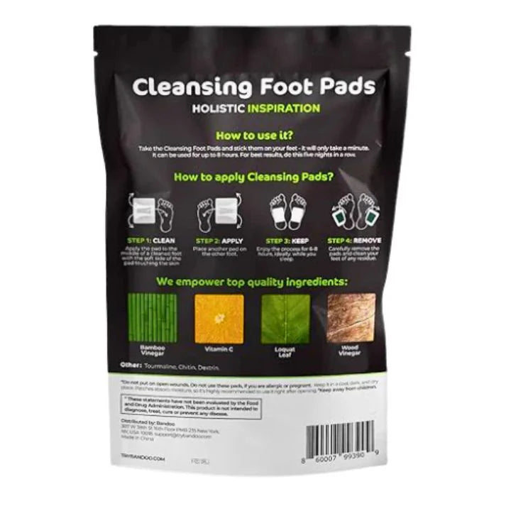 Back of Xuhaha cleansing foot pad package with application instructions and ingredient list